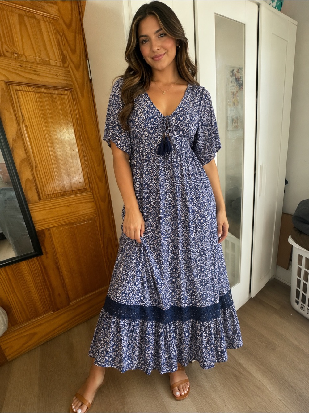 Navy Floral Print V‑Neck Maxi Dress with Tassel Detail